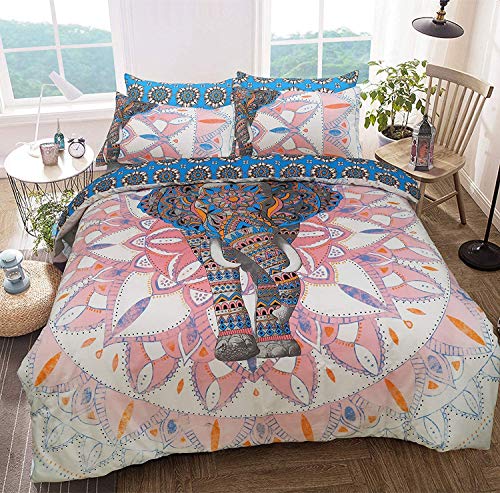Sleepdown Elephant Mandala Pink/Blue Bed Reversable Quilt Duvet Cover Set Easy Care Anti-Allergic Soft & Smooth with Pillow Cases (Double)