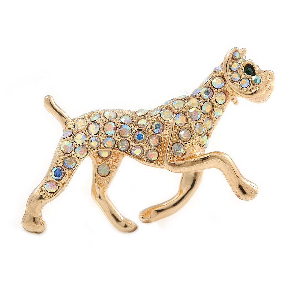AB Crystal Bulldog Dog Brooch In Gold Plating - 40mm