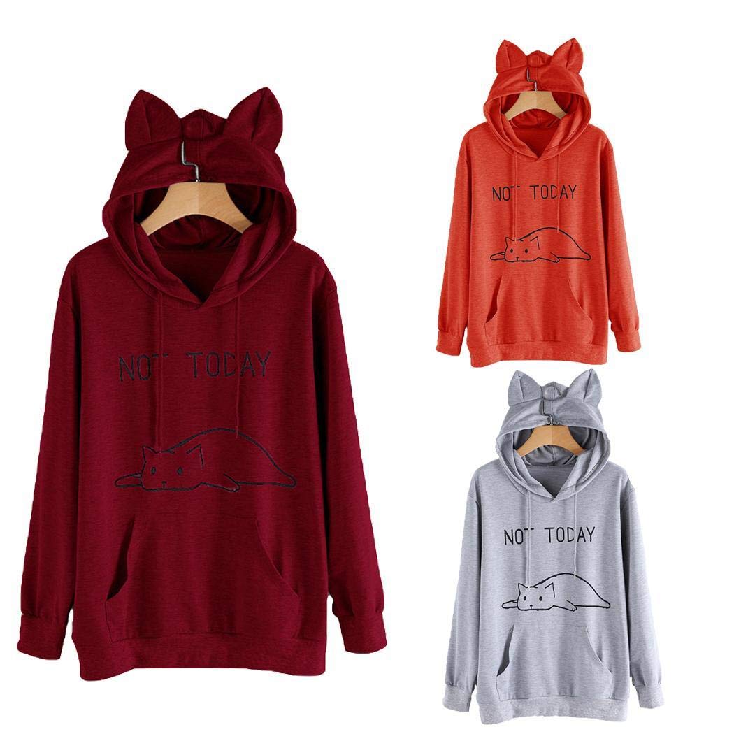 Weardear Women Print Long Sleeve Hooded Pullover Casual Sweatshirt Loose Ourwear Pullovers Dark Red