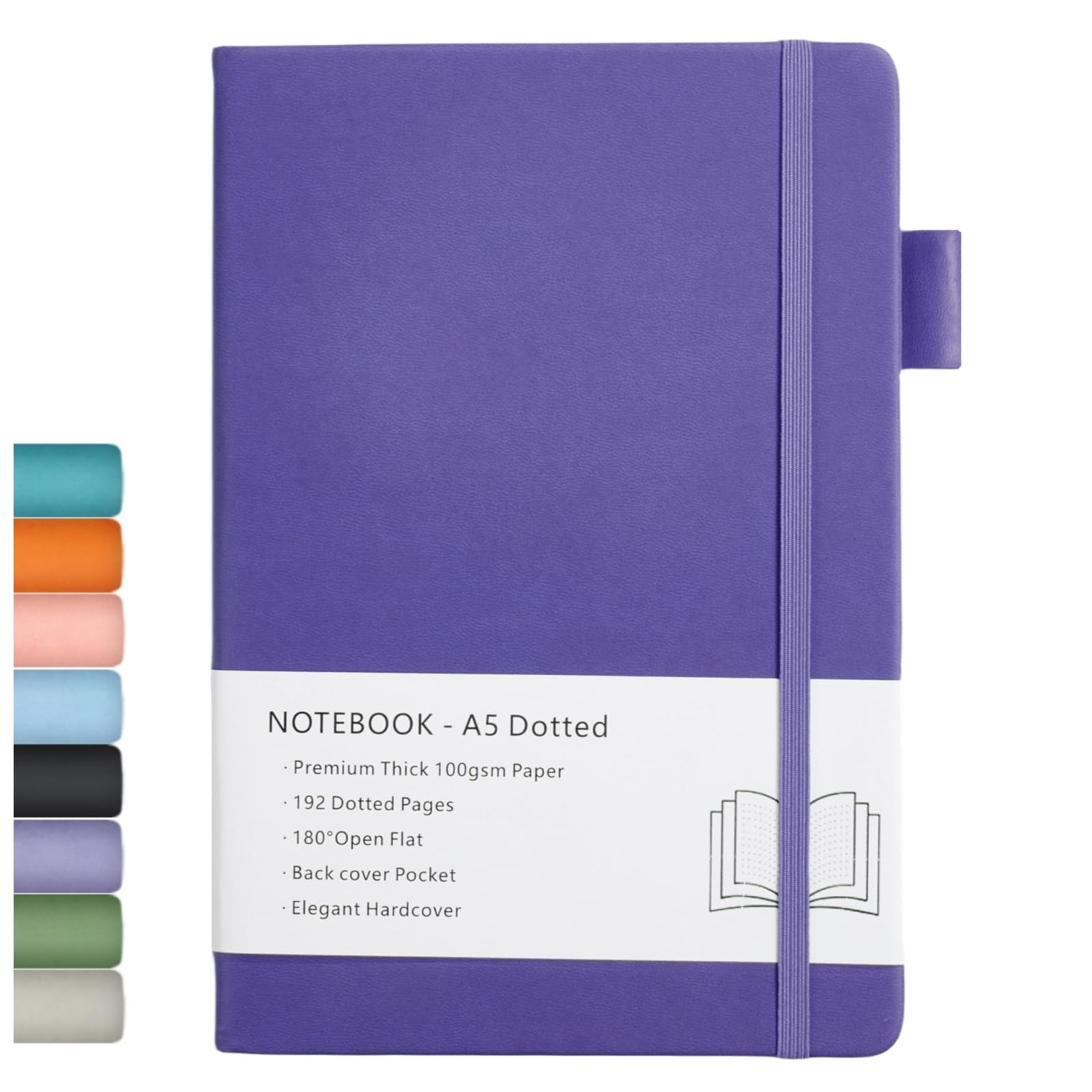 Dotted Journal, A5 Hard Cover Dotted Journal with Premium 100 GSM Thick Paper, Pen Loop, Inner Pocket, Elastic Banded, Faux Leather Cover, 192 Pages, 14.5X21.3 cm (Purple)