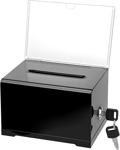 QWORK Black Acrylic Donation Box with Lock and Sign Holder 6.3 x 4.8 x 4 in