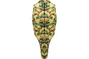 Landofgenie Mens Bodysuit Male Leotard Camo Print Zip Design Stand Collar Fitted Sleeveless Tank Top Adult Men's Bodywear