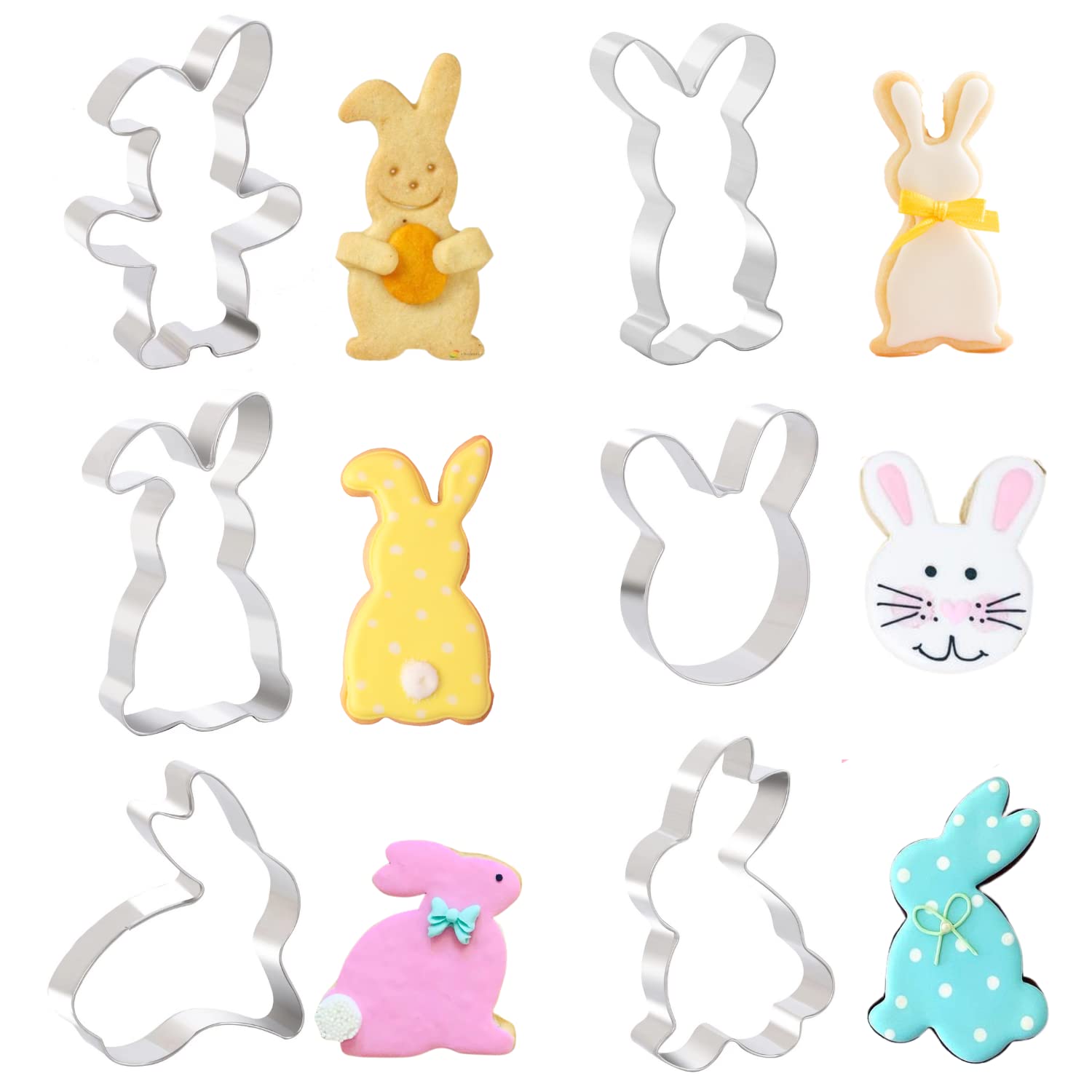 PTaizjjz Easter Cookie Cutter Set - 6 Piece Stainless Steel Easter Bunny Cookie Cutters Rabbit Cookie Stamp Biscuit Molds for Easter Baking DIY, E6