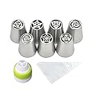 PALOTOP Russian Piping Tips 18 Pcs/SET - 7 Russian Tips +10 Disposable Pastry Bags+1 Tri-color Coupler - 304 Stainless Steel Large Size Icing Tips Set with Online Video Instructions