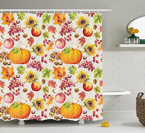 Yomyceo Thanksgiving Shower Curtain by, Fruits and Vegetables Pumpkin Apples Grape with Autumn Leaves in Watercolors, Fabric Bathroom Decor Set with Hooks, 60W X 72L Inches, Multicolor