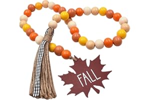 SFONI Fall Decoration Harvest Wood Bead Garland with Tassel, Home Tiered Tray Decor with Jute Rope Plaid Tassel Rustic Fall Room Décor for Wall Mantle Shelf Orange Decor Thanksgiving Beads, Maple Tag