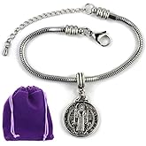 San Benito Medalla - Catholic Gifts of St. Benedict Bracelet Stainless Steel Snake Chain with St Benedict Medals and Medalla de San Benito Necklace - Religious Bracelets for Men and Women