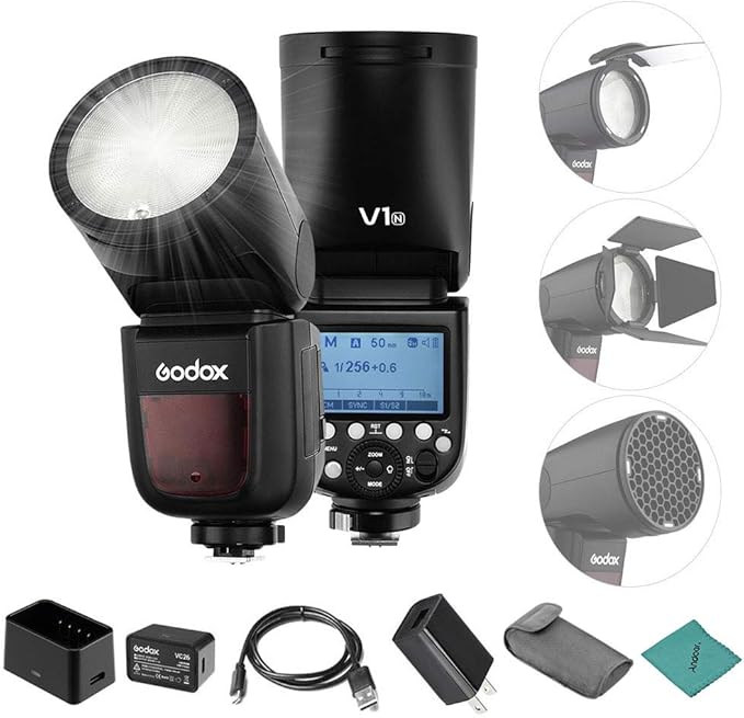 Amazon Com Godox V1n Flash Professional Camera Flash Speedlite Speedlight Round Head Wireless 2 4g Fresnel Zoom For Nikon D5300 D750 D850 D7100 Z7cameras Camcorder For Wedding Portrait Studio Photography Camera