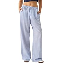 Women Drawstring Striped Pants High Waist Wide Leg Lounge