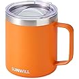 SUNWILL Insulated Coffee Mug with Lid, Travel Tumbler with Handle, 14 oz Stainless Steel Cup for Camping, Office, Home, Powder Coated Orange