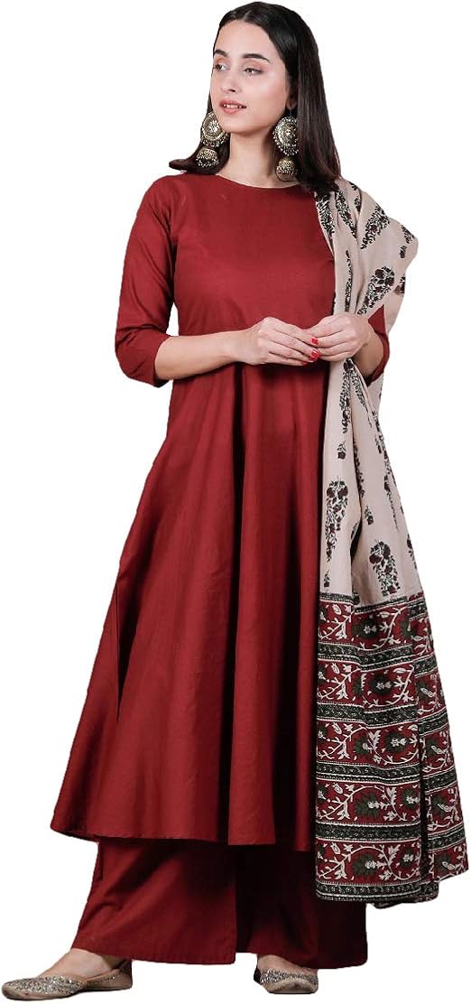 Buy Rustorange Women's Viscose Empire Maroon Flared Kurta Palazzo Set With Beige Floral Dupatta