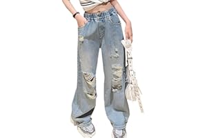 NABER Kids Girls Elastic Waist Cool Ripped Jeans Washed Denim Wide Leg Ripped Denim Jean Age 5-15 Years