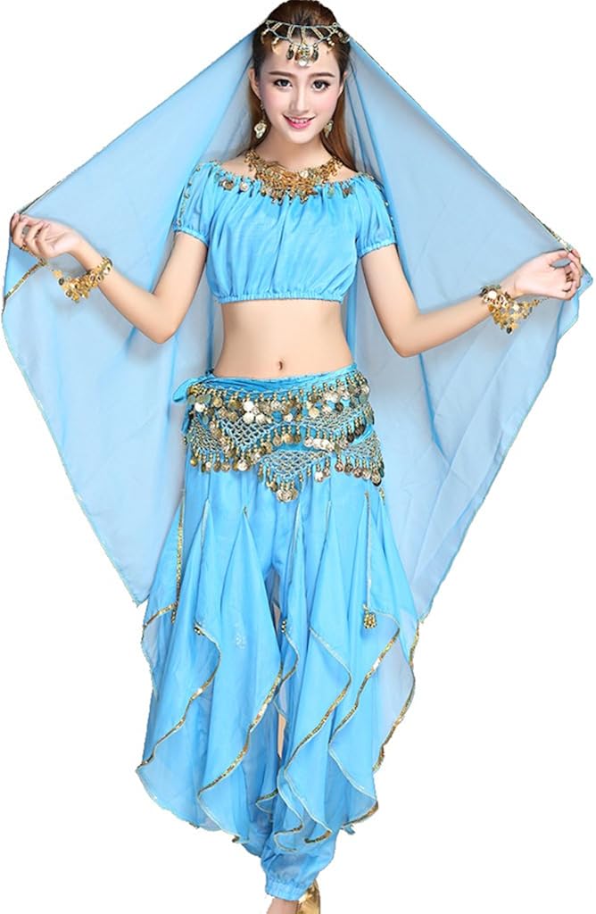 Wuchieal 3-PCS Belly Dance Lantern Top and Coins Pants and Velvet Hip Scarf
