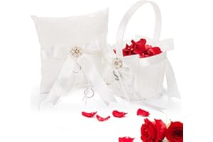 Noamus 2 Pack Flower Girl Basket and Ring Bear Pillow Set, Cute Lace Pearl Flower Baskets with Ring Cushion, Cherish Ivory Rhinestones Satin Wedding Fairy Decor Party Ceremony