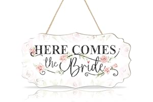 CHDITB Here Comes The Bride Wedding Themed Wooden Hanging Sign(12"x5"), Colorful Bride Sign Wall Decor with Rose Flowers Bouquet, Rustic Ring Bearer Sign for Wedding Reception Ceremony Engagement
