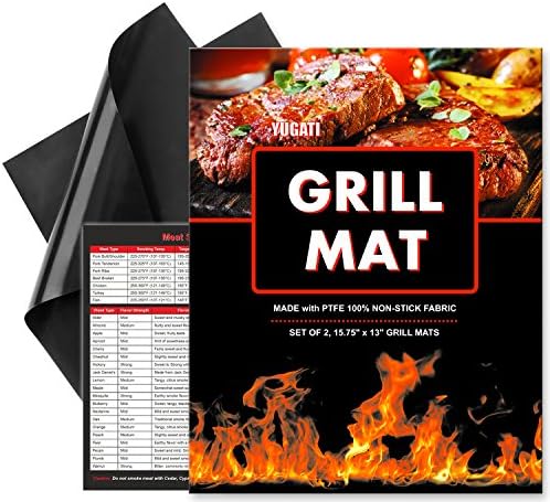 Grill Mat Premium by YUGATI -Set of 2 Heavy Duty Non-Stik BBQ Grilling &amp; Baking Mats-15.75 x 13 Inch, FDA Approved, Dishwasher safe, Reusable + Meat Smoking Guide