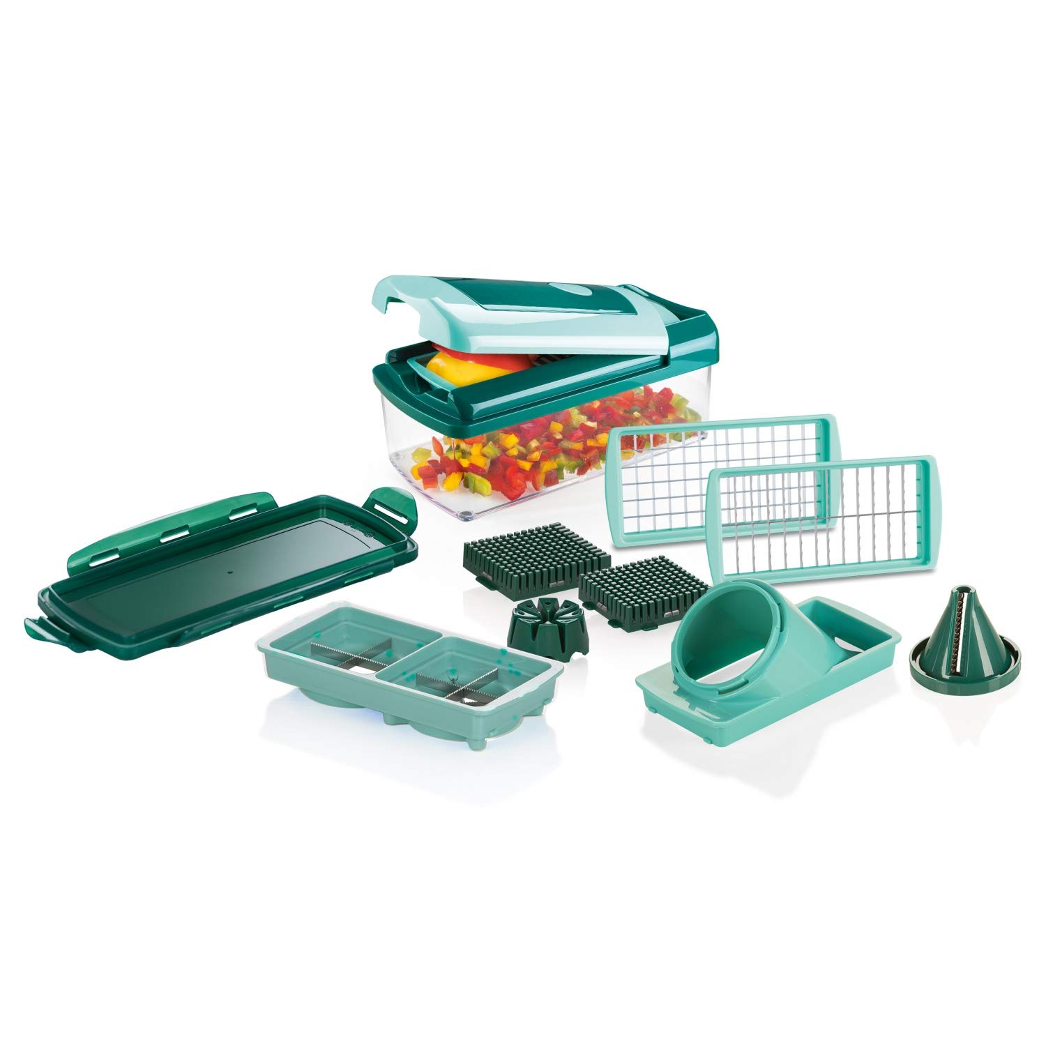 Genius A34035 Nicer Dicer Fusion Smart Vegetable Cutter Set 12-Piece Chopper with Collection Container, XXL Knife Insert & Julietti Spiral Insert, Cubes, Sticks, Quarters, Eights, Julietti, PP