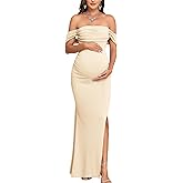 AISWI Off The Shoulder Maternity Dress Ruched Ribbed Knit Bodycon Mermaid Maxi Gown with Slit for Baby Shower Photoshoot