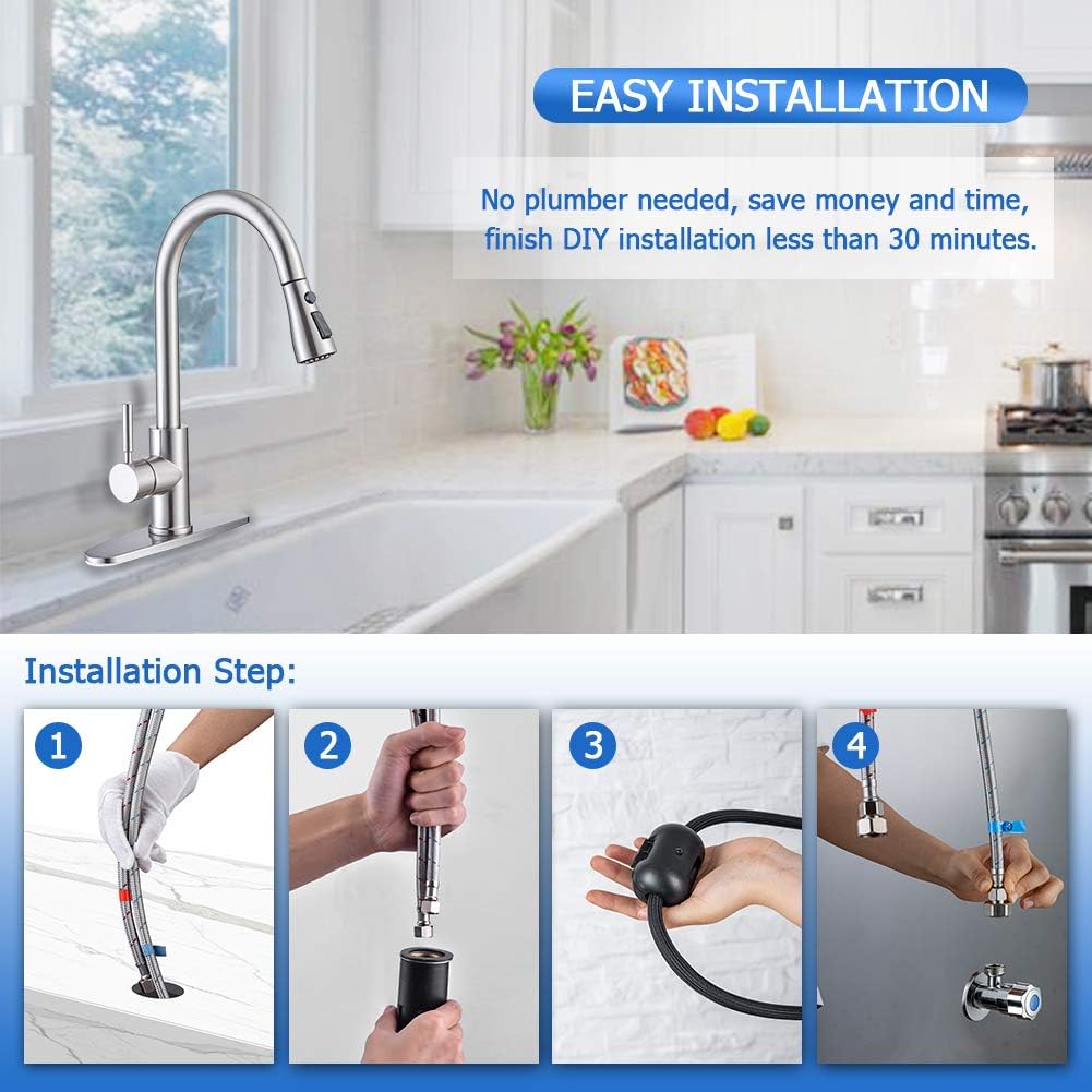 Kitchen Faucet, Kitchen Sink Faucet Arofa Single Handle Stainless Steel Brushed Nickel Pull Down Kitchen Faucet with Sprayer - - 