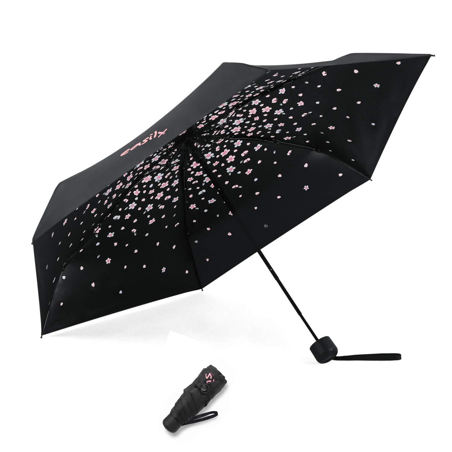 Meiyijia Compact and Foldable Umbrella, UV Protection, Portable Voy, Mini Lady Umbrella - Manual Switch - Black - Cherry Blossom Pattern - Unfold 90cm, 90cm