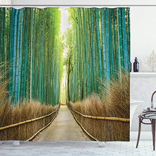Ambesonne Bamboo Forest In Japan Collection, Panoramic View Of Historic Landscape Park Photography Print, Polyester Fabric Bathroom Shower Curtain Set With Hooks, Light Green Peru (5692403534692)