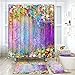 Krelymics 4 Piece Colorful Flower Shower Curtain Set with Non-Slip Rug, Toilet Lid Cover, Bath Mat and 12 Hooks, Floral Lotus Waterproof Shower Curtain Set for Bathroom