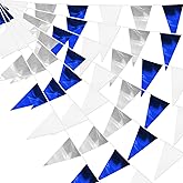 130FT Navy Blue White Silver Glitter Triangle Pennant Banner Flag Metallic Bunting Fabric Garland for Christmas Graduation Wedding Bridal Shower Nautical Ahoy Achor Theme Party Decorations Decor