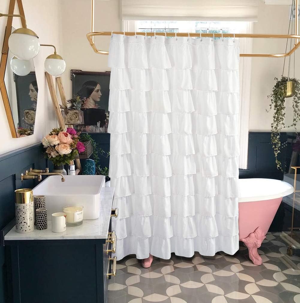 Volens White Shower Curtain Fabric/Ruffle for Bathroom,72in Long …: Home & Kitchen