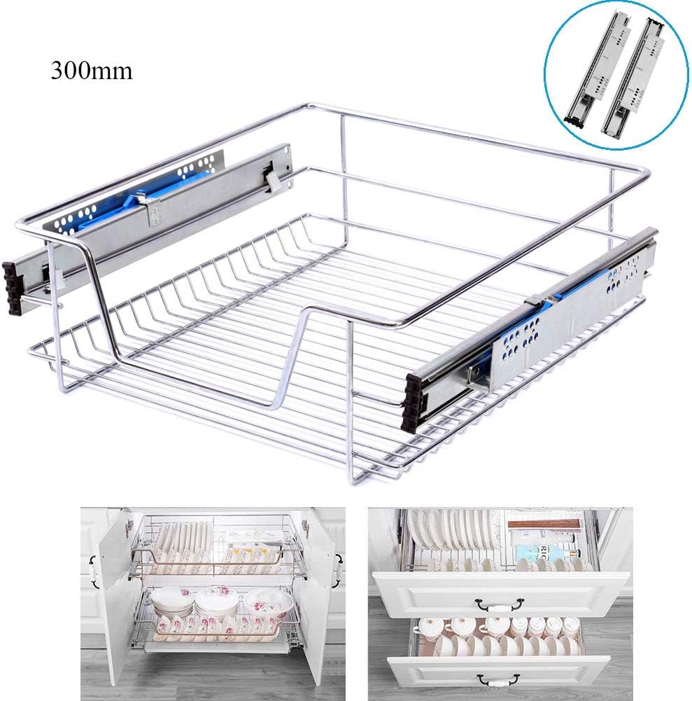 XEMQENER Heavy Duty Kitchen Pull Out Wire Baskets Base Storage Unit, Slide Out Kitchen Utensil Holder Rack Larder Drawers Origanize With Buffer (for 300mm Width, 2 Pcs