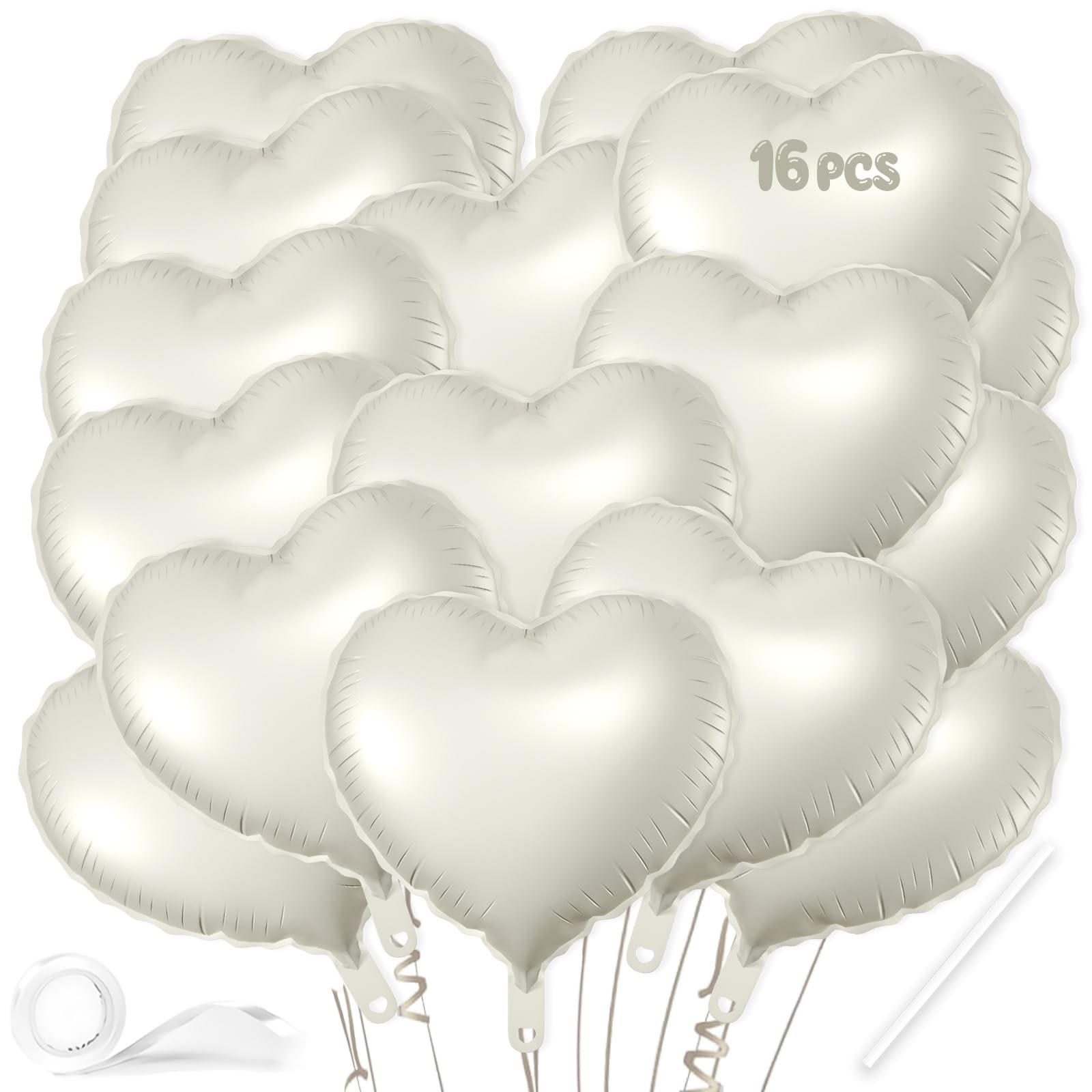 View 1 of 16 Pcs Heart Balloons, 18 White Sand Inch Love Heart Shaped Foil Balloons for Wedding Anniversary Birthday Party Valentine Decorations Baby Shower Bridal Shower Engagement Decorations Supplies