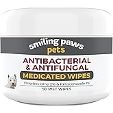 Smiling Paws Medicated Grooming Wipes w/Aloe for Dogs &amp; Cats, 1pk, 50 Wipes | Medicated Grooming Wipes for Pets, with Antifungal &amp; Antibacterial Ingredients, And Soothing Aloe, Safe for Paws, Face &amp; Ears