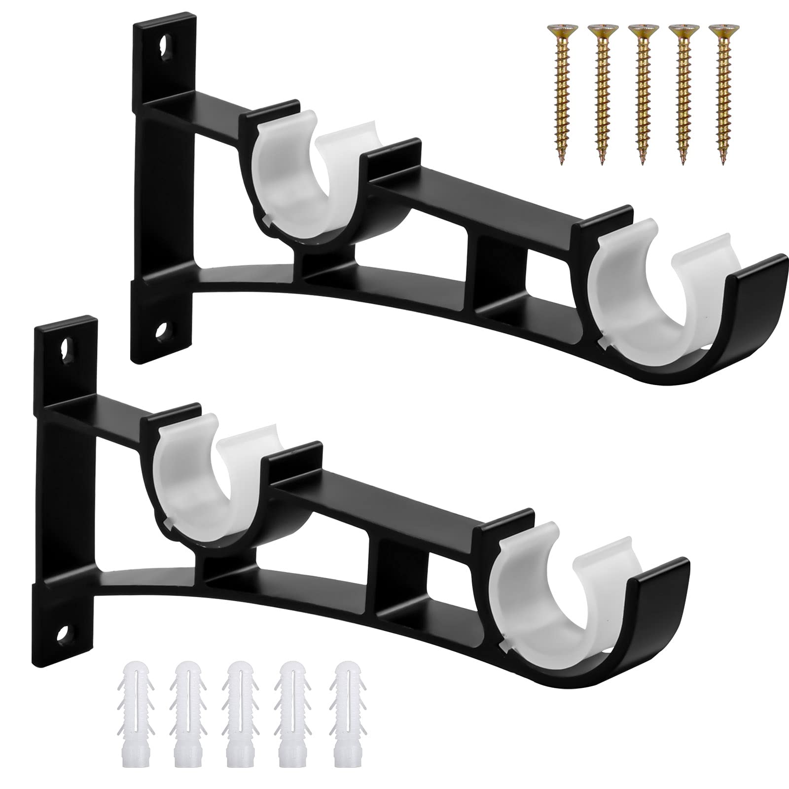 2 Pcs Curtain Rod Brackets Set Double Curtain Rod Holder Hooks Heavy Duty Curtain Pole Bracket Holders Metal Curtain Rod Support with Screw for Curtain Poles Wall Clothes Rod Black, Hold Up to 50kg