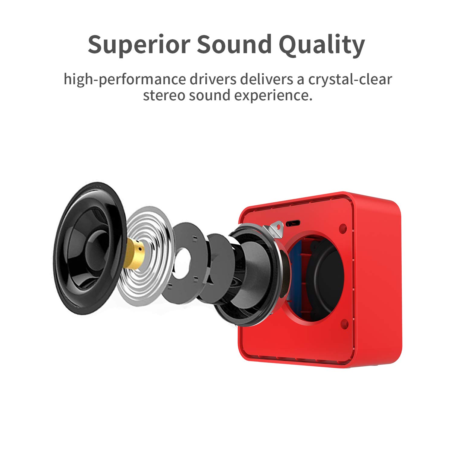 W-KING Bluetooth Lautsprecher, Wireless Tragbarer Bluetooth Lautsprecher mit 10-Stunden Spielzeit und eingebautem Mikrofon, Wireless Speaker mit reinem Bass, geeignet für iPhone, Samsung usw (Rot)