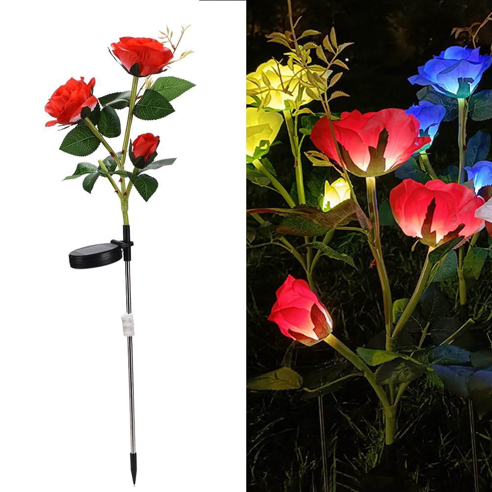 XhuangTech Solar Roses Flowers Lights Outdoor Garden Ornaments, IP55 Waterproof 3 Heads Rose Lights Flower Solar Stake Lights Outdoor Decor for Yard Lawn Patio Porch Fence Flowerbed Pathway (Red)