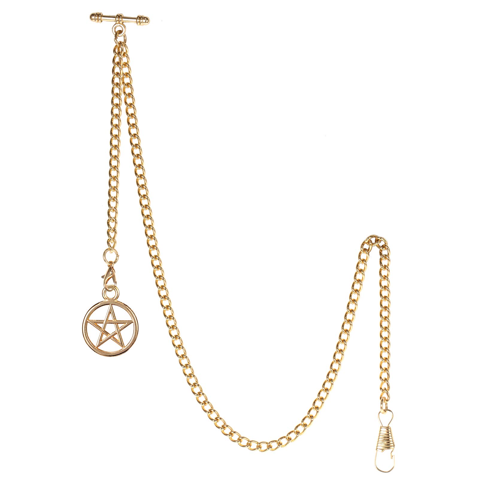 TREEWETO Men's Albert Chain Pocket Watch Curb Link Key Chain 2 Hooks with Antique Five-Pointed Star Pendant Design Charm Fob T Bar, Gold