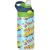 Boccsty Yellow School Bus Kids Water Bottle with Straw Lid Insulated Stainless Steel Reusable Tumbler for Boys Girls Toddlers 12 oz Green