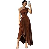 BITALY Pleated Bridesmaid Dress Long for Women One Shoulder Satin Brown Formal Dress with Slit US0