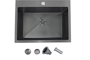 Ufaucet 22 Inch Drop In Kitchen Sink Black, 22 x 18 Stainless Steel Single Bowl Top Mount Drop In Bar Wet Prep RV Outdoor Kitchen Sink, 16 Gauge Gunmetal Black