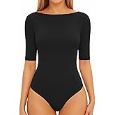 MANGOPOP Women's Half Sleeve Boat Neck Bodysuit 3/4 Sleeve Body Suit Fitted Going Out Tops 2026