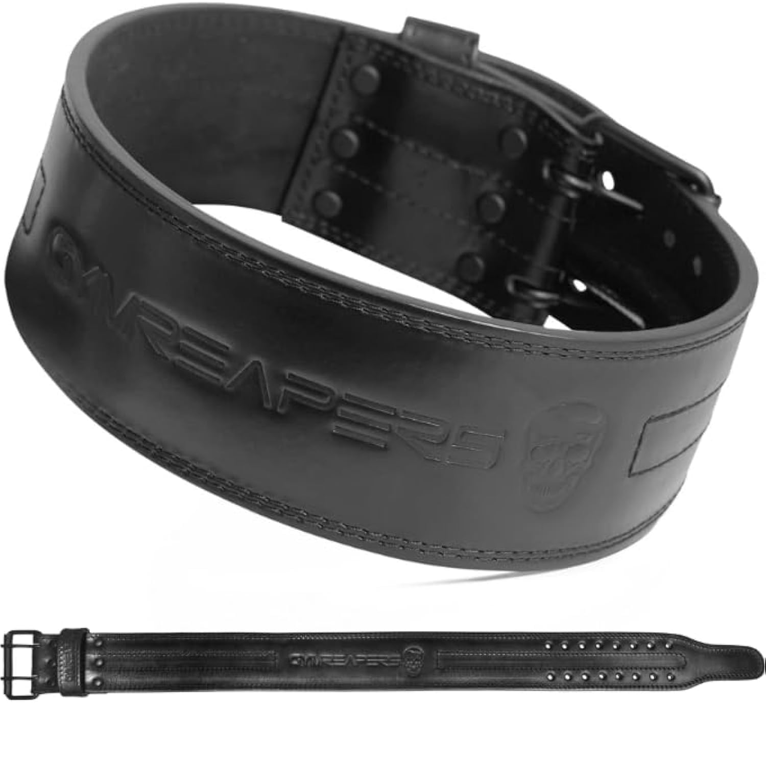 Gymreapers Cinturón de levantamiento de pesas de 6 mm de cuero genuino - Cinturón de potencia doble de punta pesada de 4 pulgadas de ancho - fuerte y estabilizador de soporte de espalda para peso muerto, levantamiento de pesas de sentadillas (negro, medio