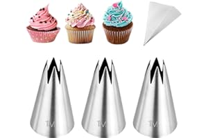 Kasmoire 3Pcs 1M Piping Tips,Stainless Steel 1M Star Tips for Piping,Seamless Icing Tips With 10Pcs Disposable Piping Bags fo