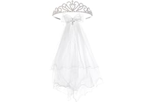 Merroyal First Communion Veil and Tiara Set, 24 inch White Veil with Rhinestone Cross Crown, Religious Ceremony Accessories