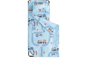 Wake In Cloud - Cot Nap Mat with Pillow and Blanket, for Toddler Kids Boys Girls in Daycare Kindergarten Preschool Pre K with Elastic Corner Straps, Cars Vehicles Trains Airplanes, Light Sky Blue