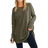 Fisoew Women's Casual Long Sleeve Tops Crew Neck Round Hem Loose T-Shirts Tunic Tops with Thumb Holes