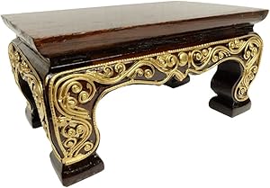 Design by UnseenThailand Teak Wood Carving Seat Shelf Buddha or Statue Stand Pedestal Decorate with Gold Thai Pattern Design. (W8 xD5 xH4)