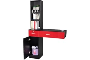 OmySalon Wall Mount Barber Stations, Salon Stations for Hair Stylist, Hair Styling Equipement Set with a Storage Cabinet, 2 Drawers and a 3 Tier Shelf (Black&Red)