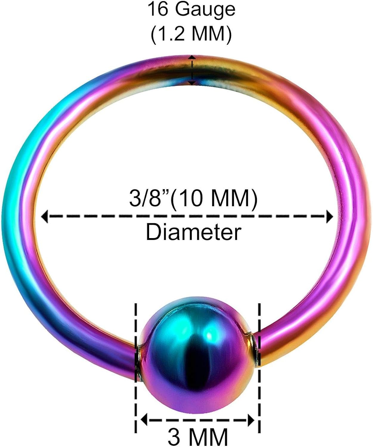 3PCS Steel Rainbow Captive Hoop Earrings 16g 6mm 8mm 10mm 3mm Ball Daith Rook Septum Piercing