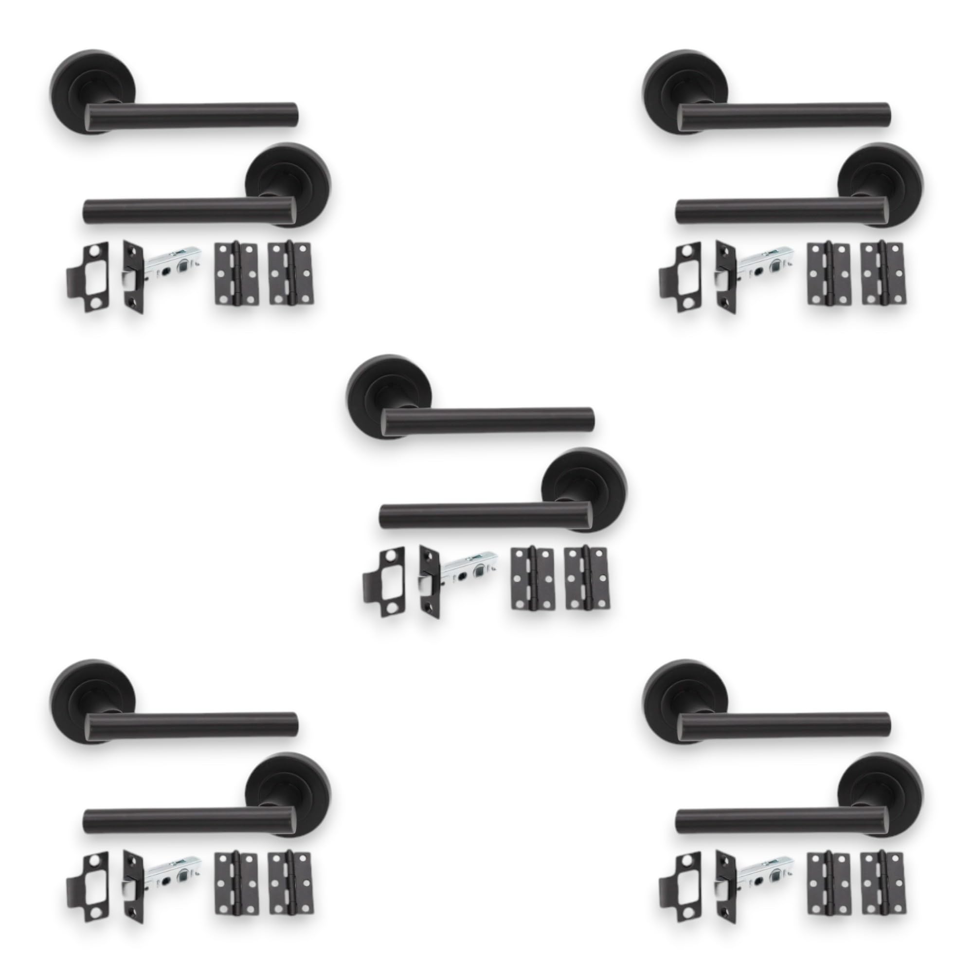 Infinity Decor Set of 5 Pairs Matt Black T-Bar Lever Door Pull Handles with Tubular Latch and Hinges Pack - for Interior & Exterior Doors