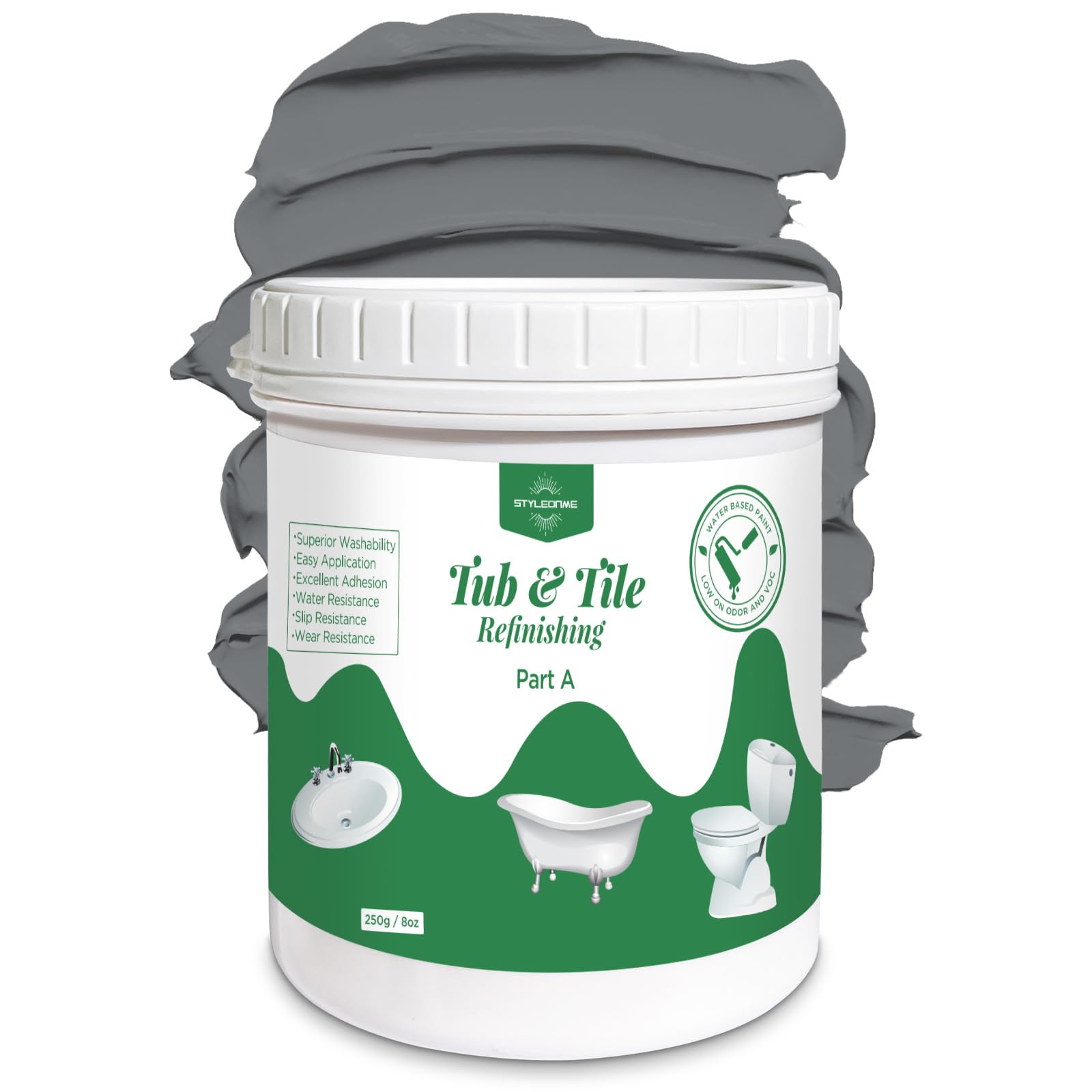 Photo 1 of styleonme Waterbased Tile Paint Grey, 10-15sq.ft, Bathtub Washbasin Toilet Ceramic Tile and Kitchen Countertop Refinishing, Odorless and Non-Toxic Heavy Glaze Epoxy Resin Coating (With tools)
