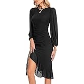 Huasemy Women's Bodycon Midi Dress Fall Long Sleeve Ruched Ruffle Hem Mermaid Cocktail Wedding Guest Dresses